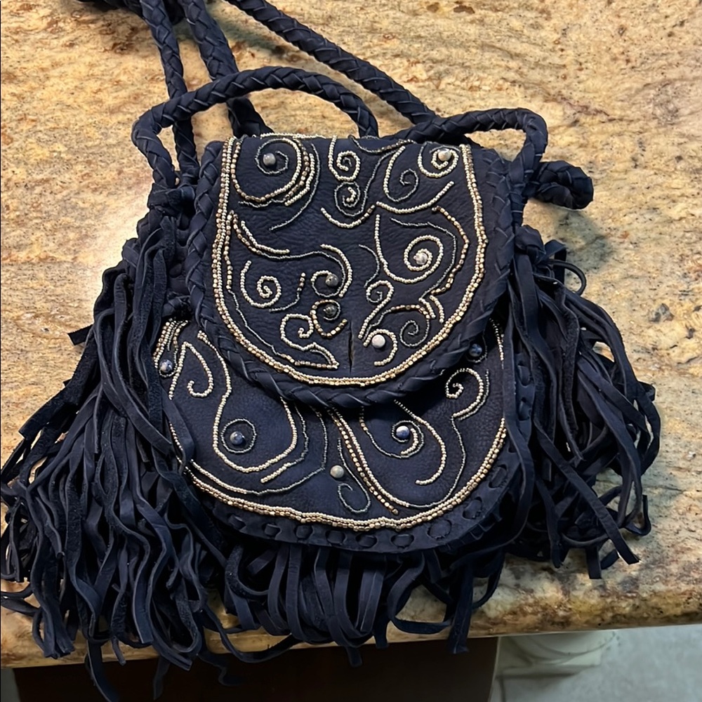 Gold and Black Crossbody Bag with Fringe and Embroidery